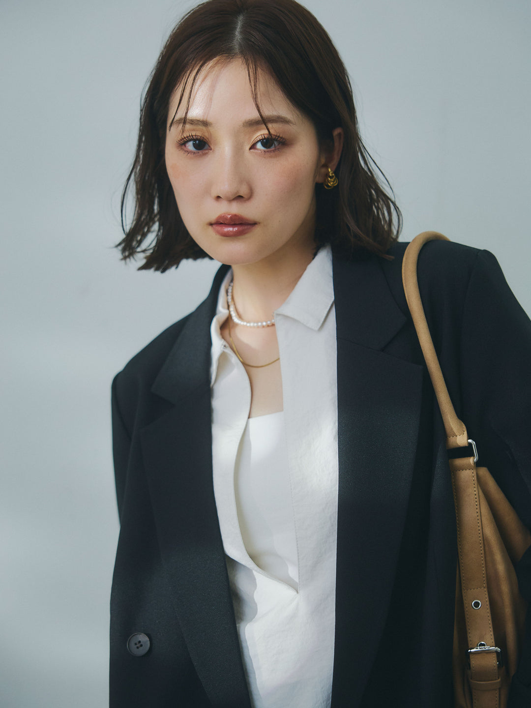 【Allure】[SET]杢調ライトテーラードジャケット+ウエストフリンジカットオフカーブデニムパンツ(2set)