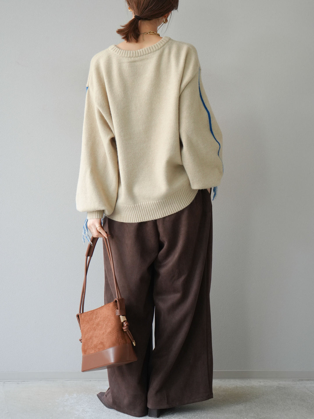 [SET]配色ステッチフリンジニットプルオーバー +スウェードタックワイドパンツ(2set)