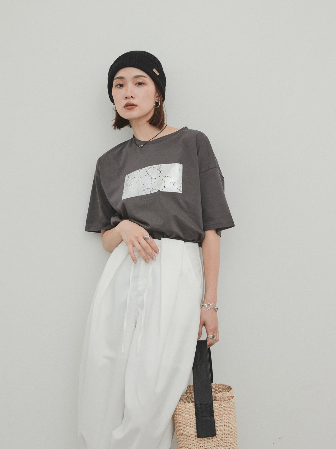 [予約]箔プリントドライタッチコットンTEE /チャコール