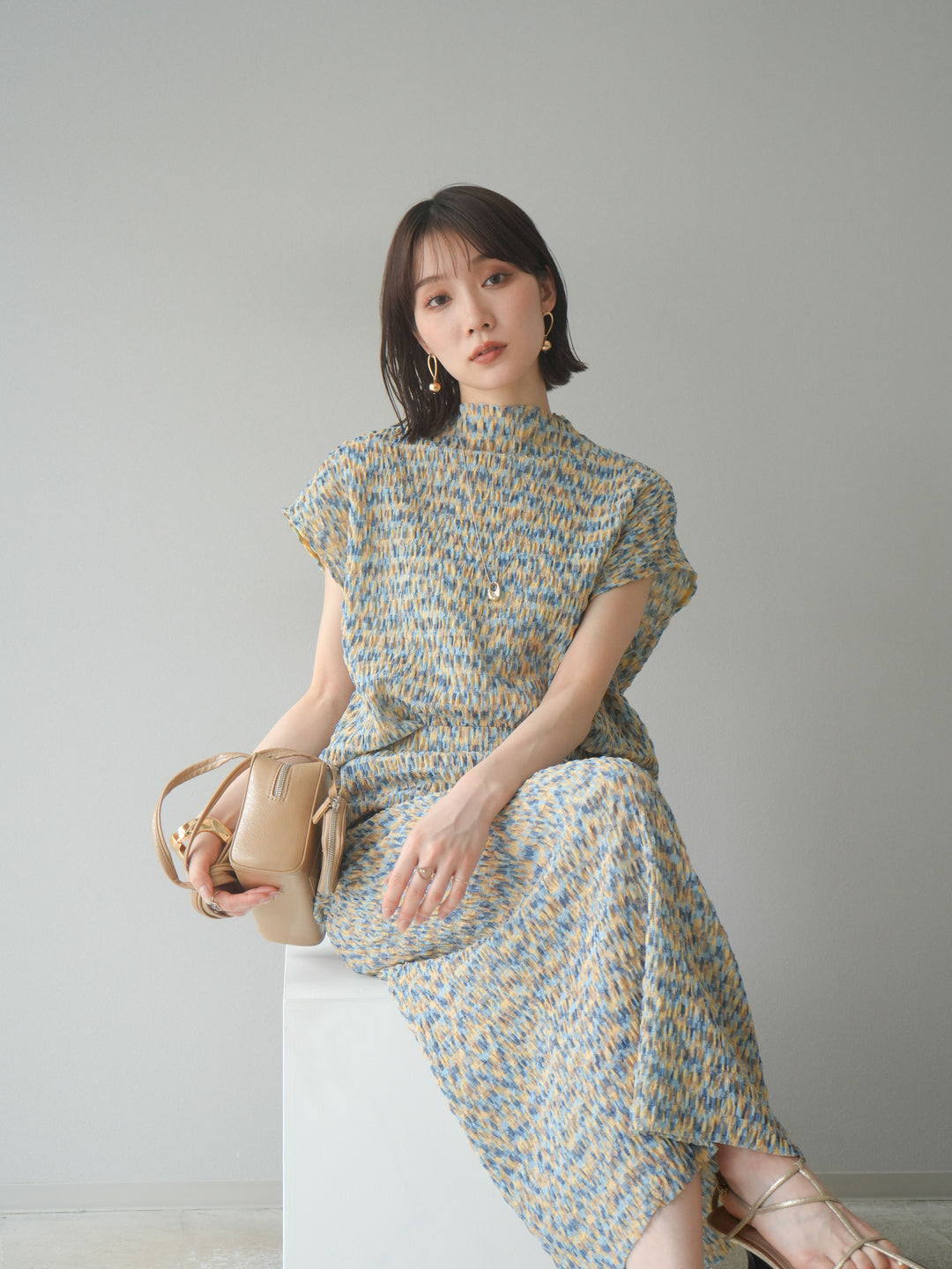 [予約]マルチカラーランダムプリーツフレンチトップス/イエロー