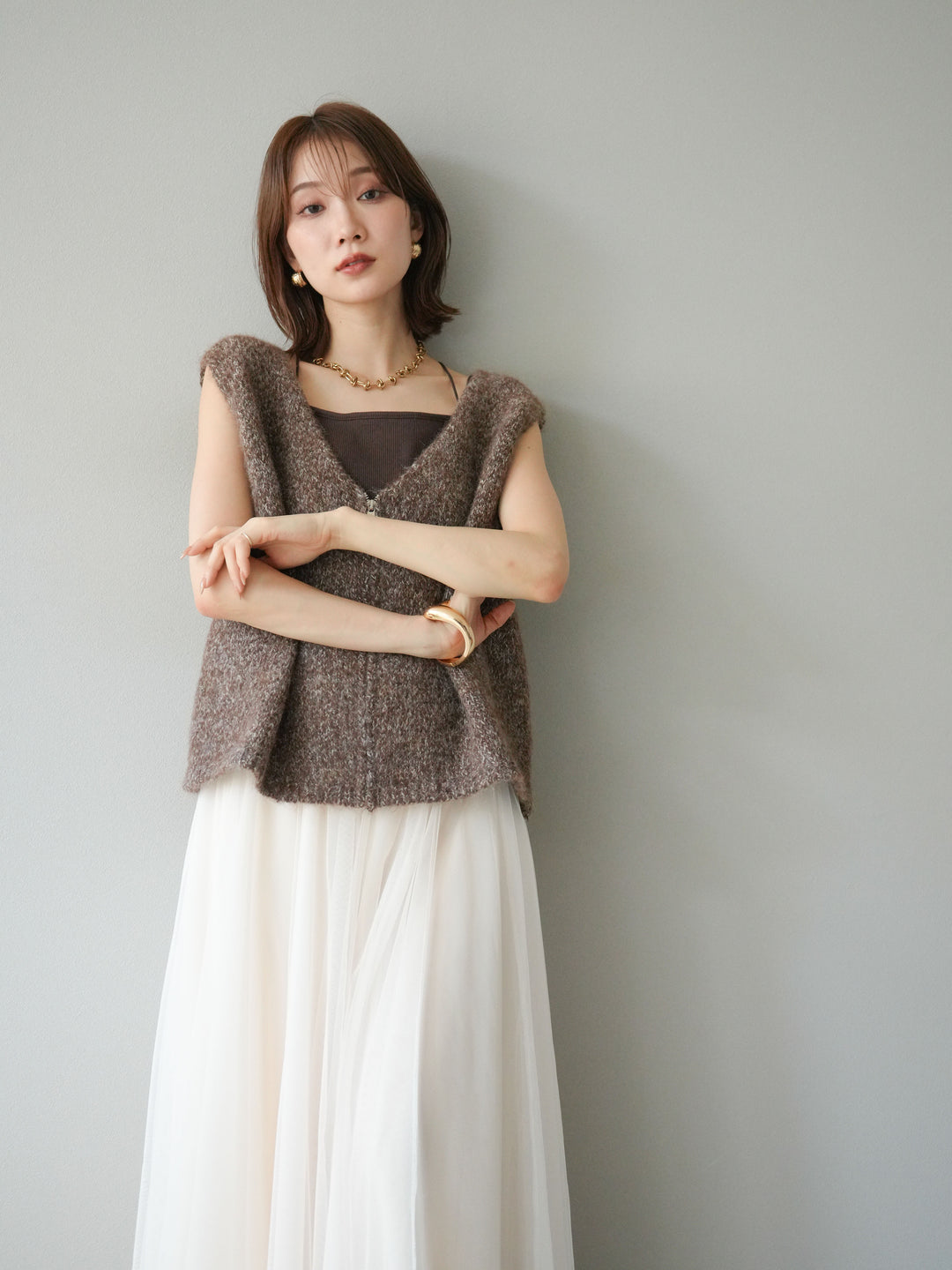 [予約]フロントZIPミックスニットベスト/ブラウン