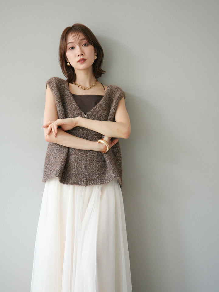 [予約]フロントZIPミックスニットベスト/ブラウン