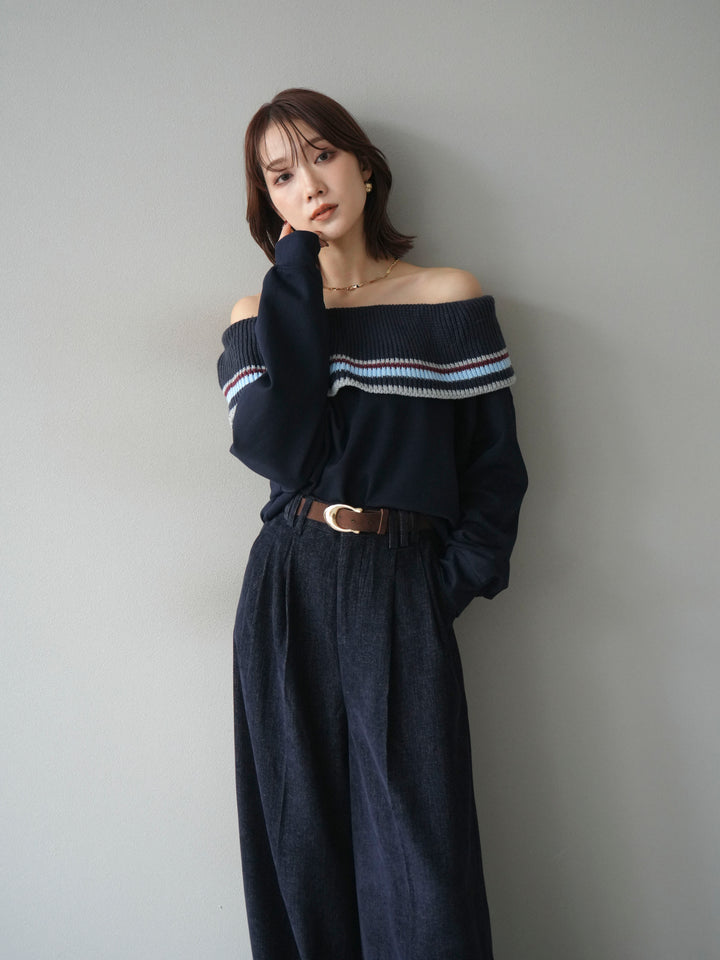 [予約]ボーダーニットオフショルダーxスウェットプルオーバー/navy