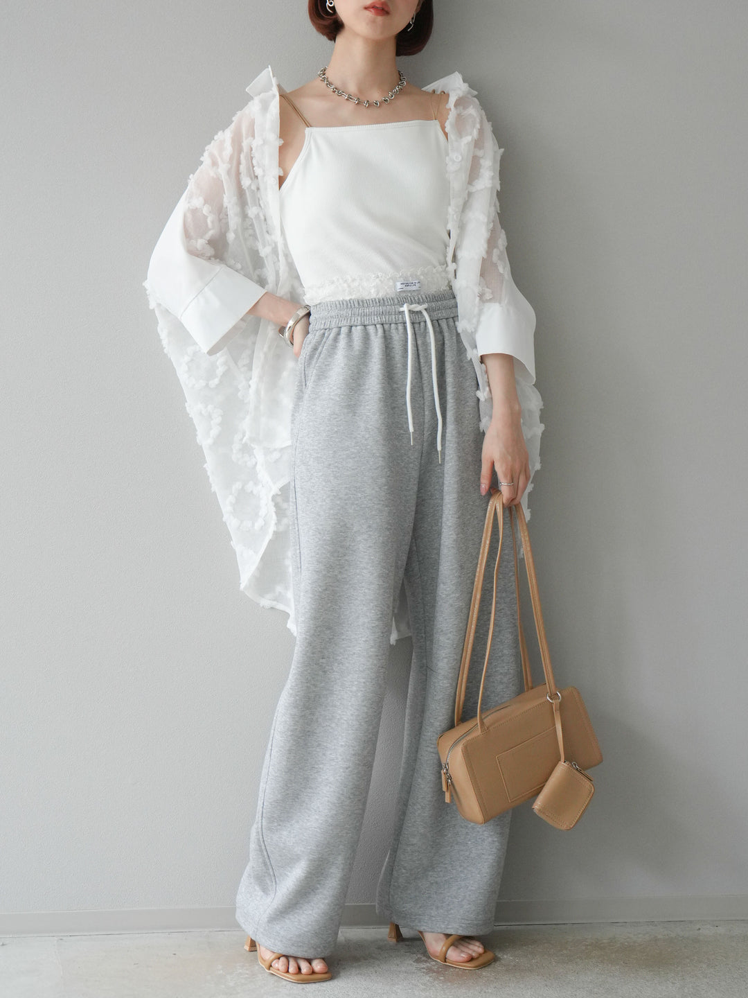 [預訂] 混合材質透視半身襯衫/白色