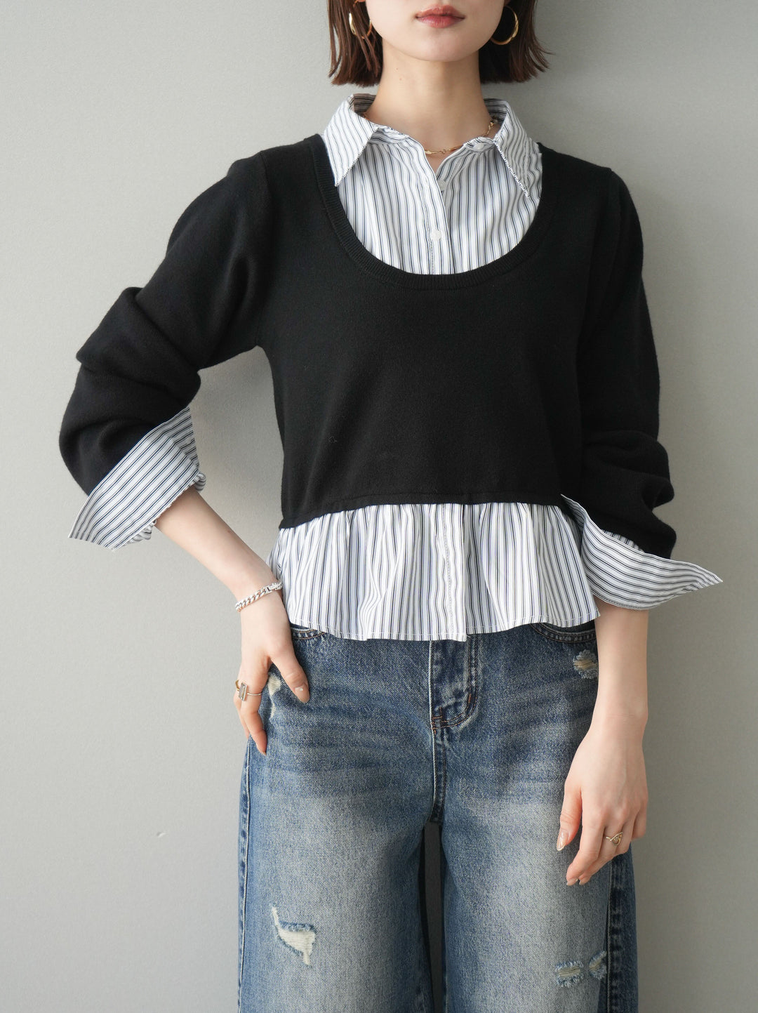 [予約]ストライプシャツUネックドッキングニットプルオーバー/blackoffstripe