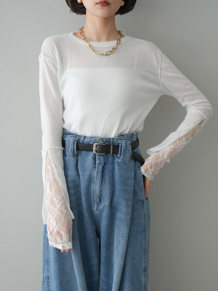 [予約]袖レースレイヤードデザインメロートップス/white