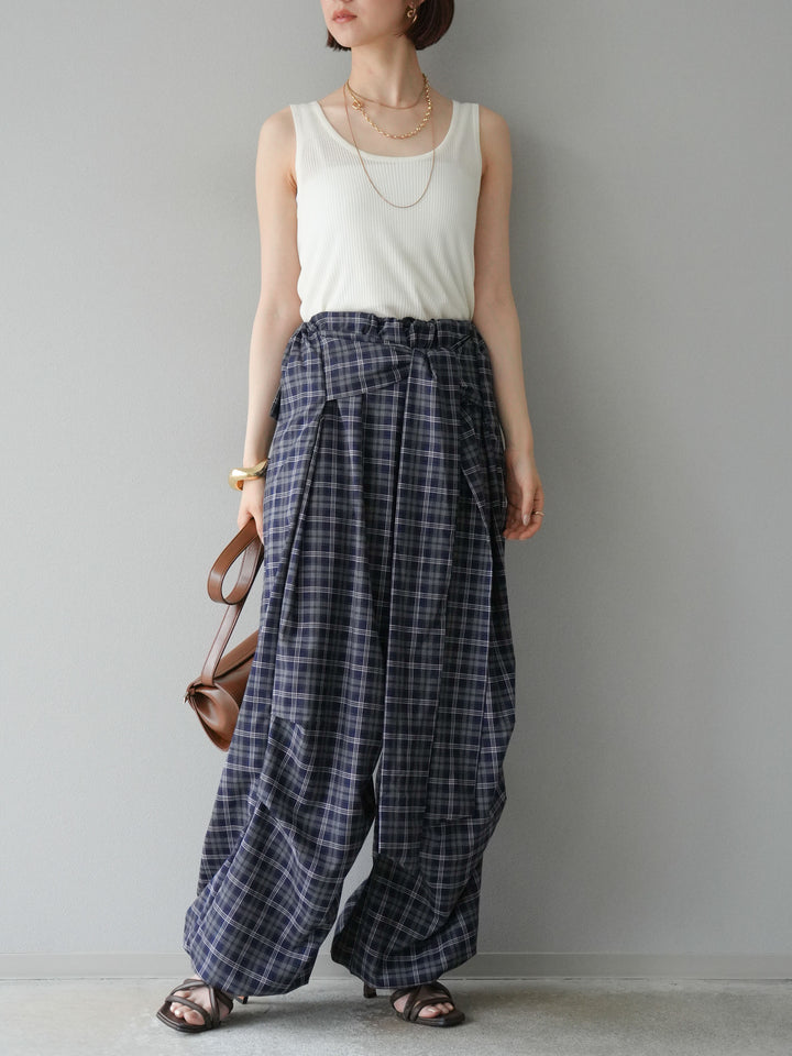 [予約]チェック柄ウエスト巻きドロストパンツ/ネイビー