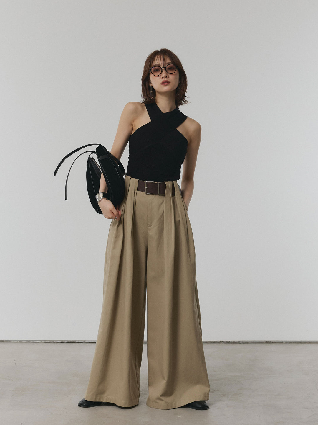 【Allure】[SET]クロスリブニットタンクトップ+ベルト付ダブルループワイドパンツ(2set)