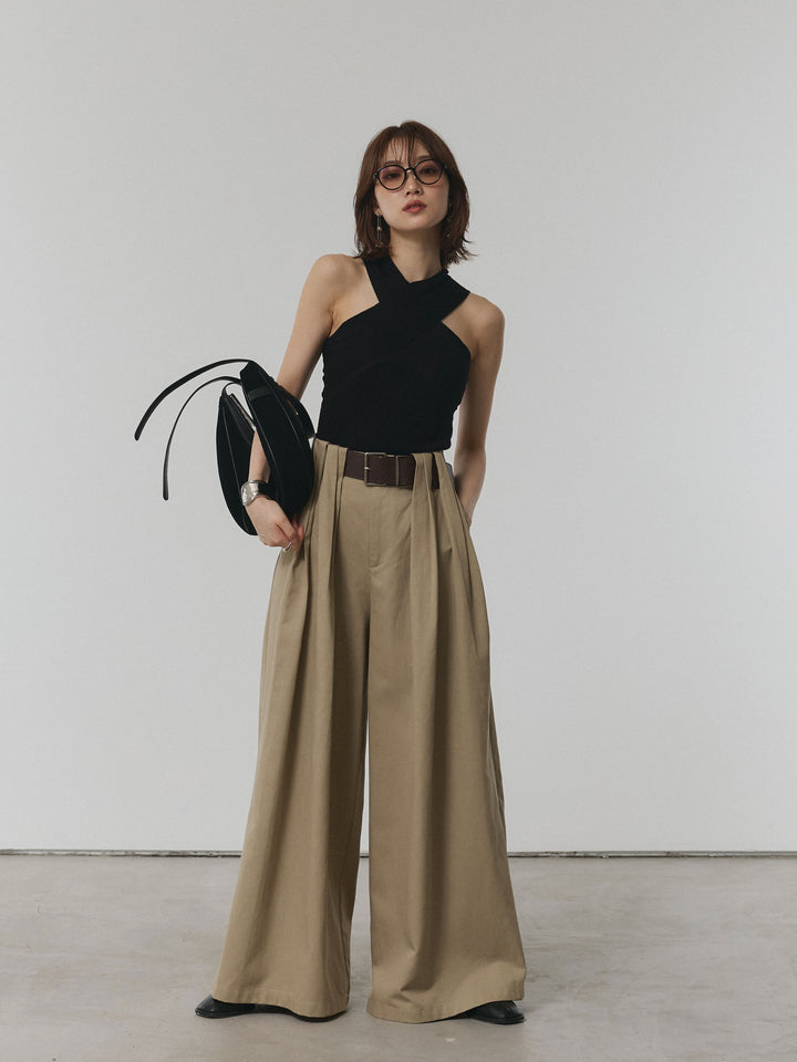 【Allure】[SET]クロスリブニットタンクトップ+ベルト付ダブルループワイドパンツ(2set)