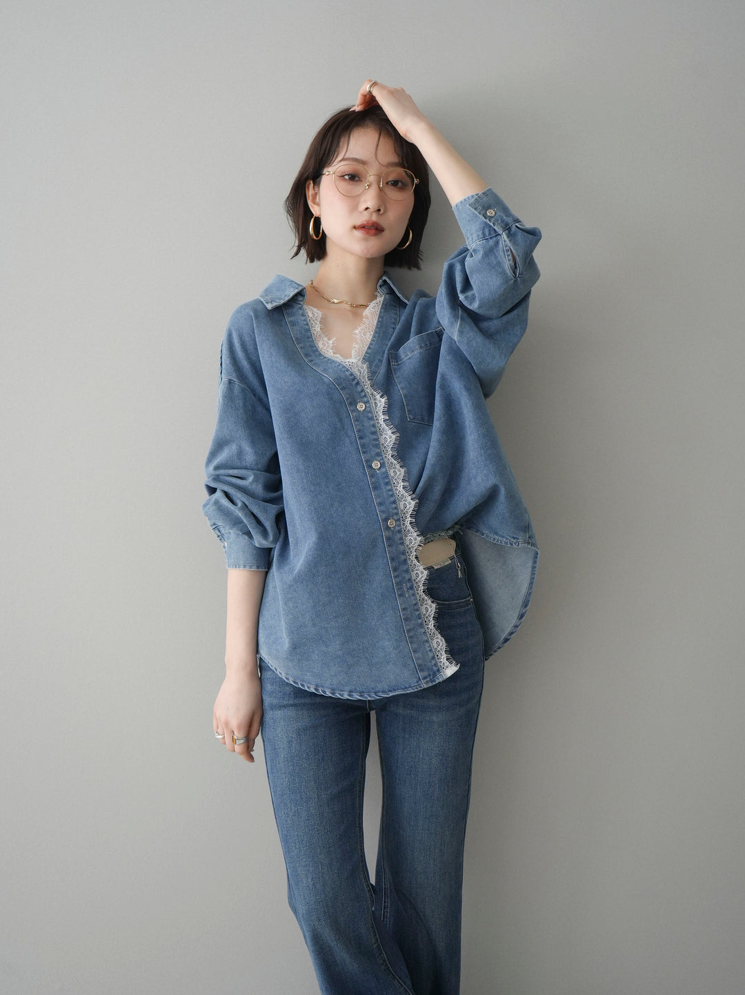 [SET]レースレイヤードデニム開襟シャツ+選べるアクセセット(2set)