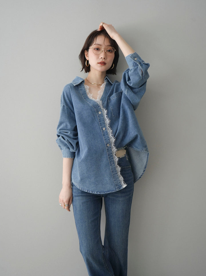[SET]レースレイヤードデニム開襟シャツ+選べるアクセセット(2set)