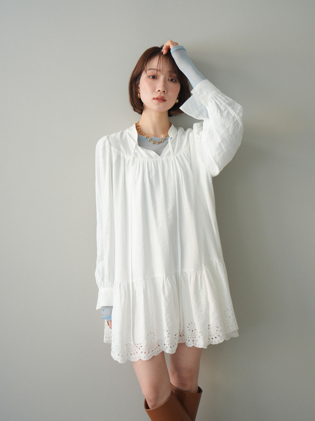 [予約]ティアードパンチングミニワンピース/white