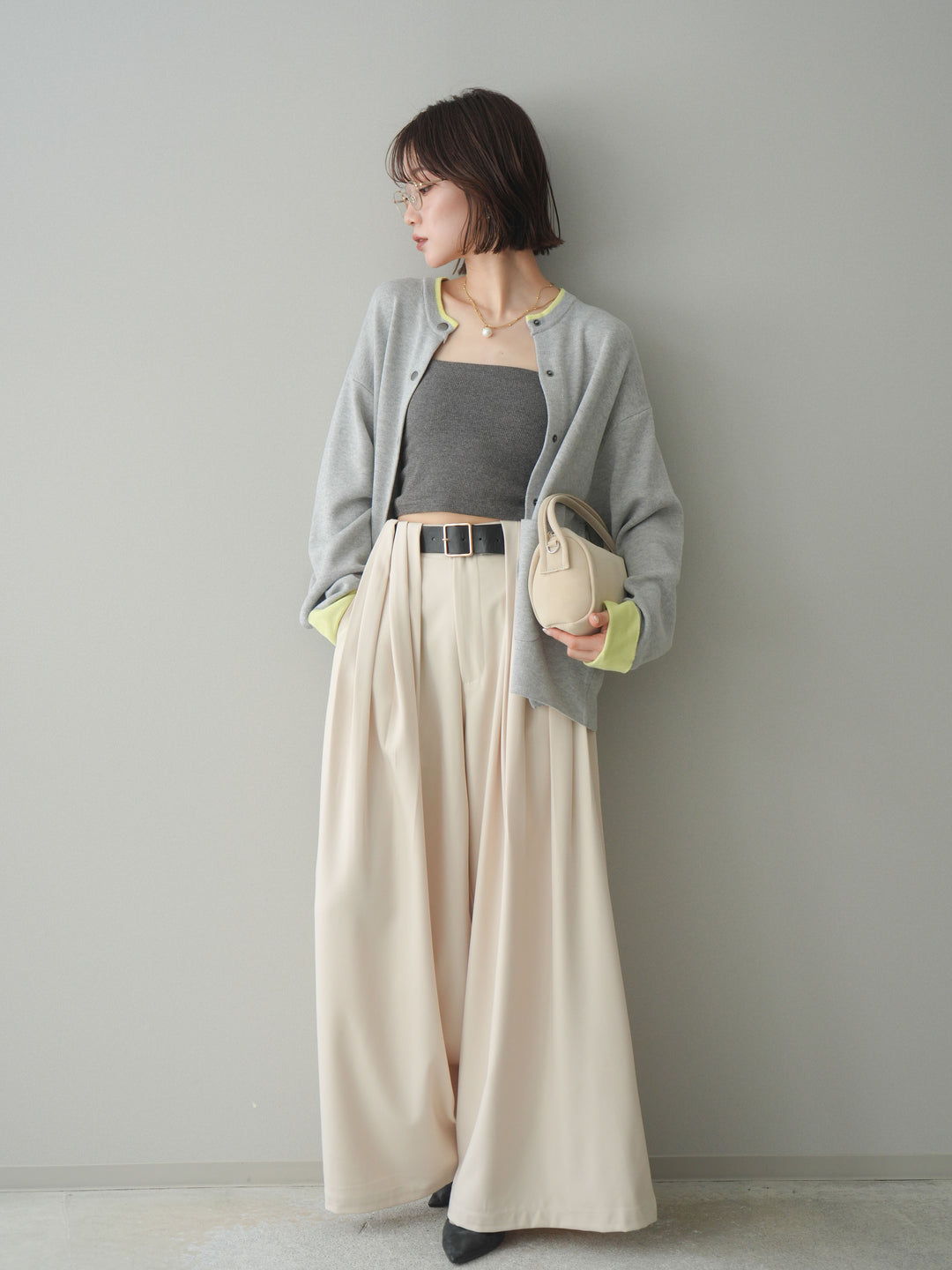 [SET]バイカラーオーバーニットカーディガン+タックベルトループワイドパンツ(2set)