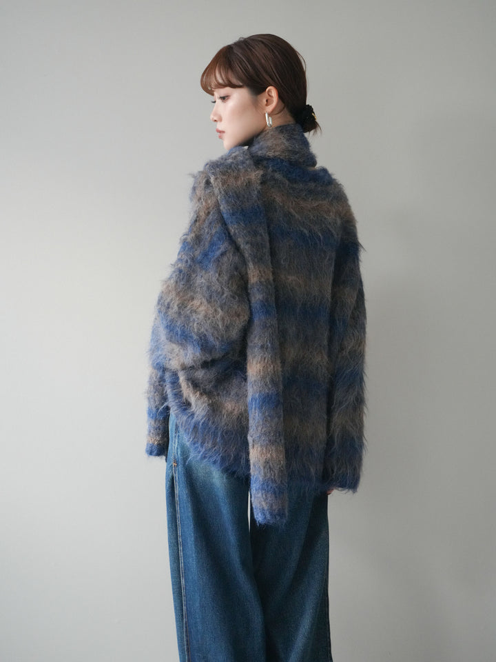 [予約]ストール付シャギーマルチボーダーニットプルオーバー/blue