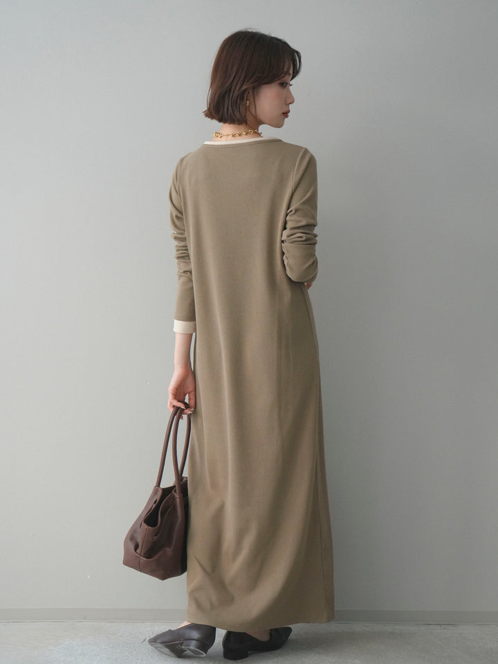 [SET]配色レイヤードヘンリーネックカットリブワンピース+選べるアクセセット(2set)