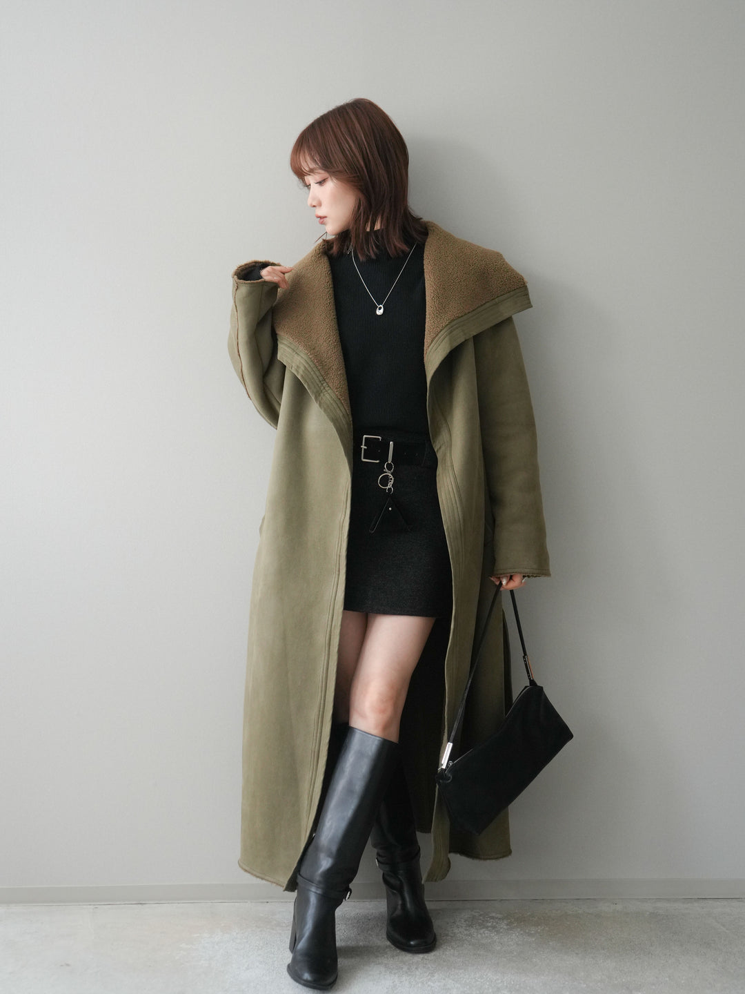 [予約]ウールタッチベルト付ミニスカート/black