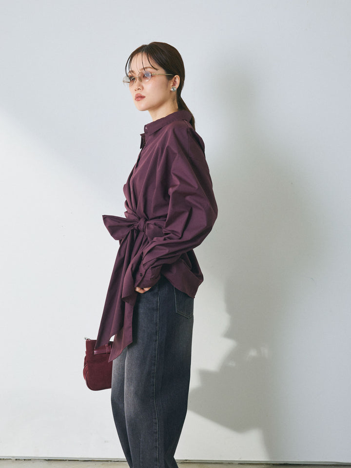 【Allure】[SET]ウエストアシメリボンシャツ+アシメカーブデニムパンツ(2set)