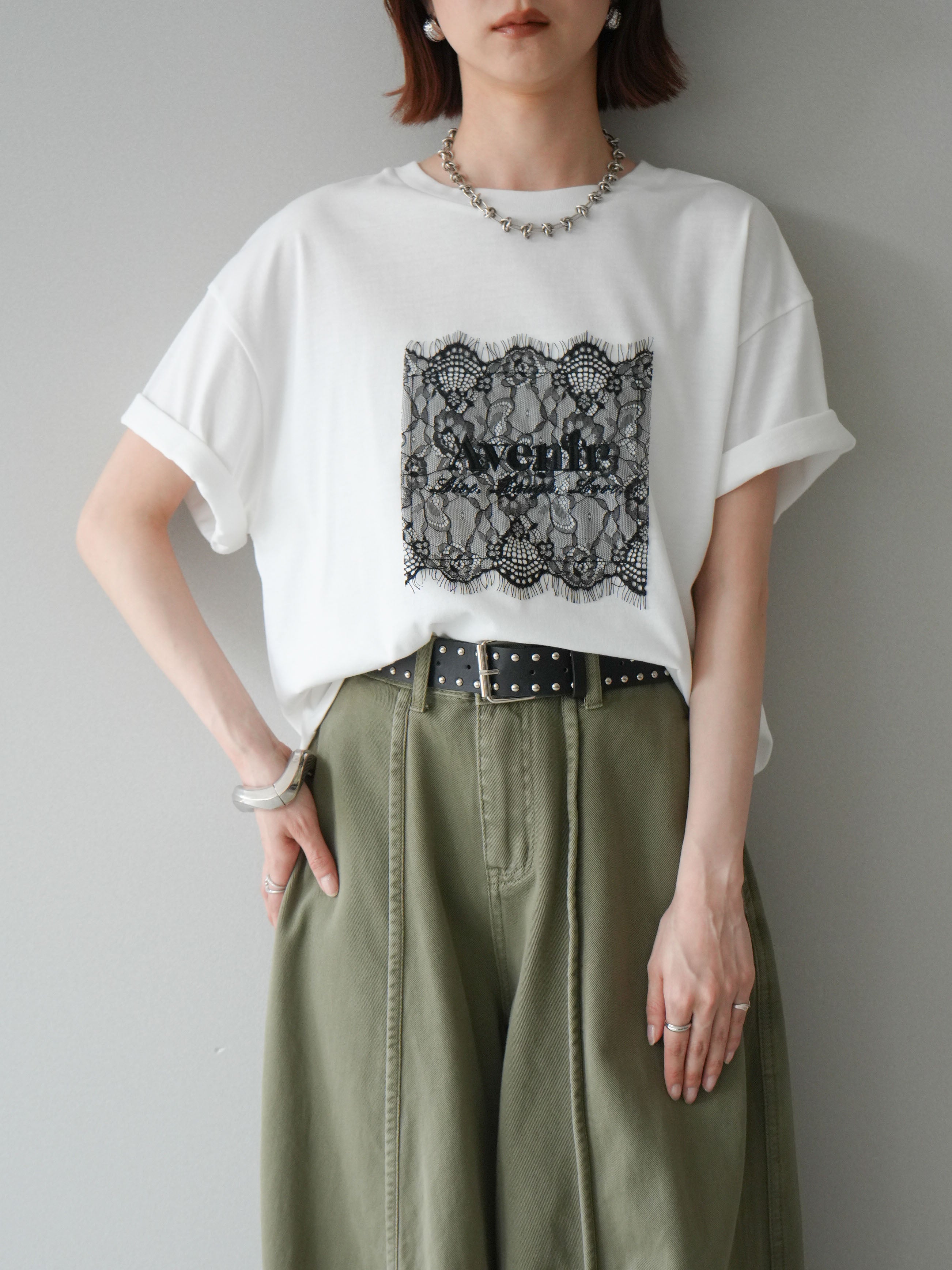 SET]レースコラージュロゴTシャツ+ベルト付センターギャザーワイド