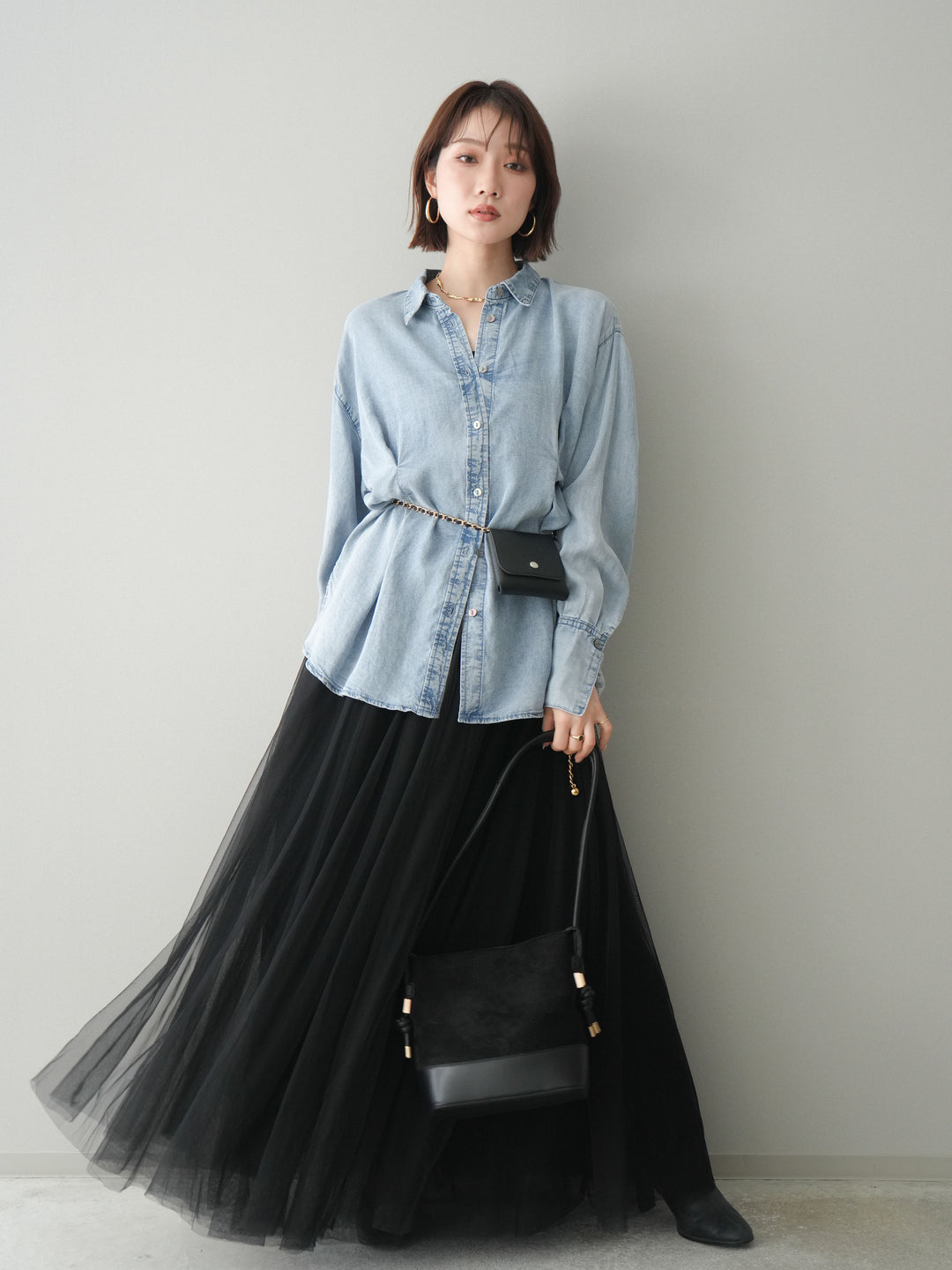 [SET]テンセルデニムタックシャツ+チュールボリュームスカート(2set)