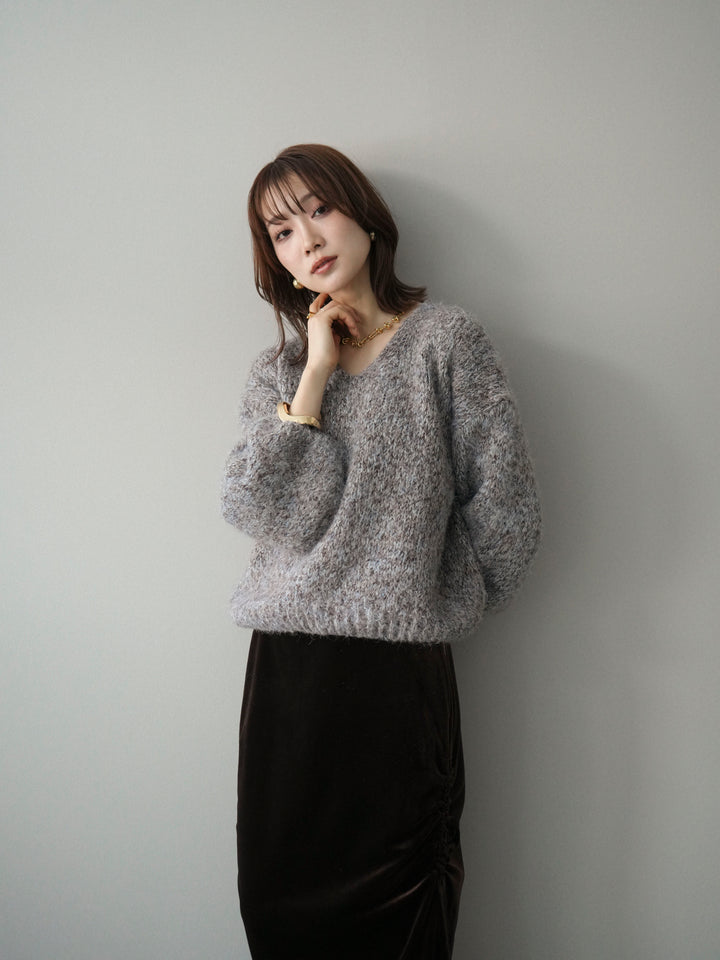 [予約]Vネックミックスヤーンニットプルオーバー/blue