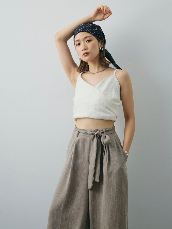 [SET]リネンライクカシュクールデザインビスチェ+リネンライクウエストリボンワイドパンツ(2set)