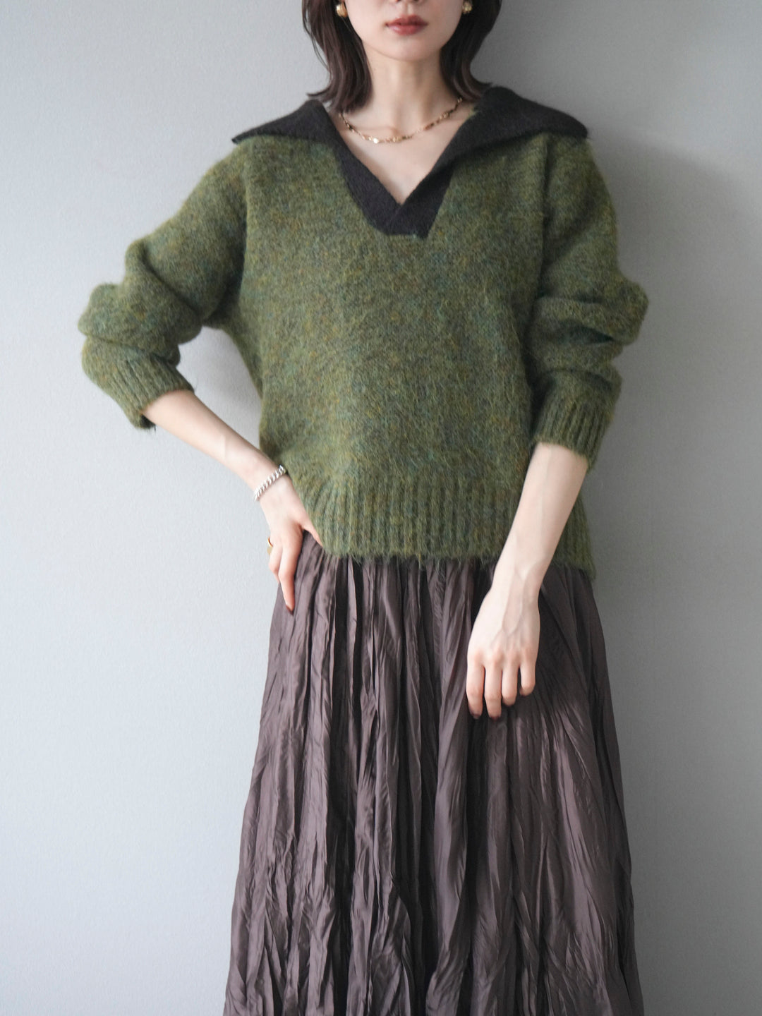 [予約]バイカラー襟付きニットプルオーバー/green