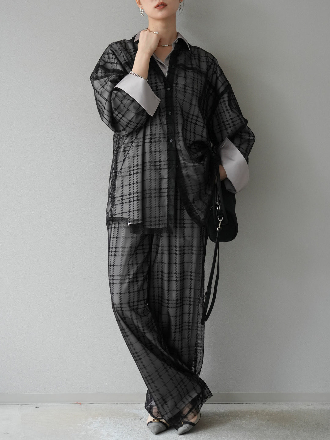 [予約]チェック柄チュールシャツアンサンブル/ブラック