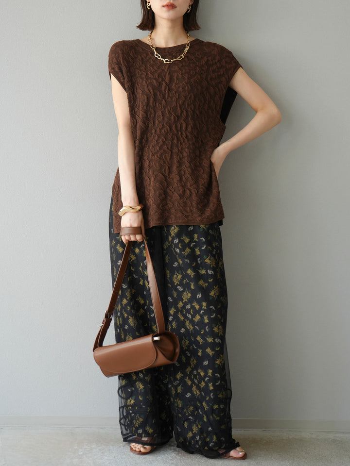 [SET]ポコポコノースリーブニットプルオーバー+コード刺繍チュールレイヤードパンツ(2set)