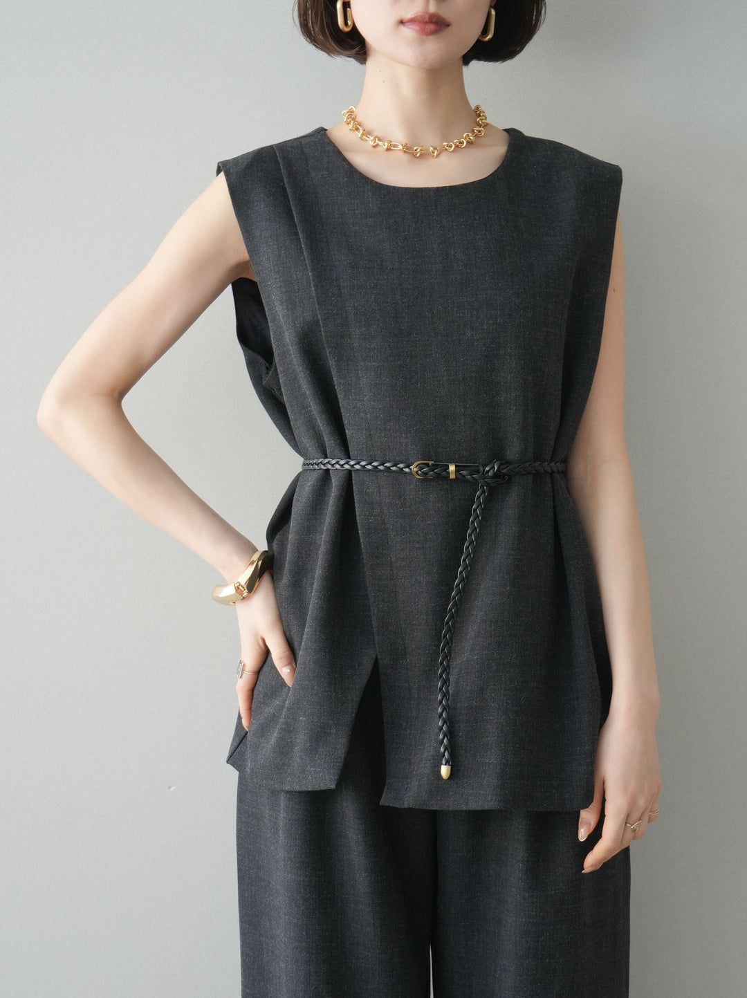 [SET]ベルト付ノースリーブトップス＆ワイドパンツSETUP