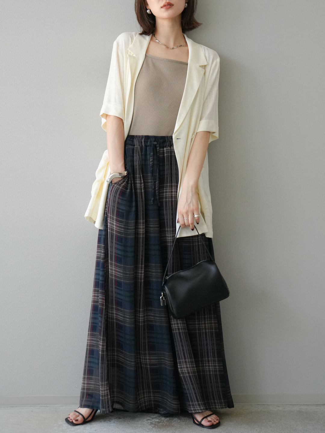 [預購] 透視格紋寬鬆褲/藏青色