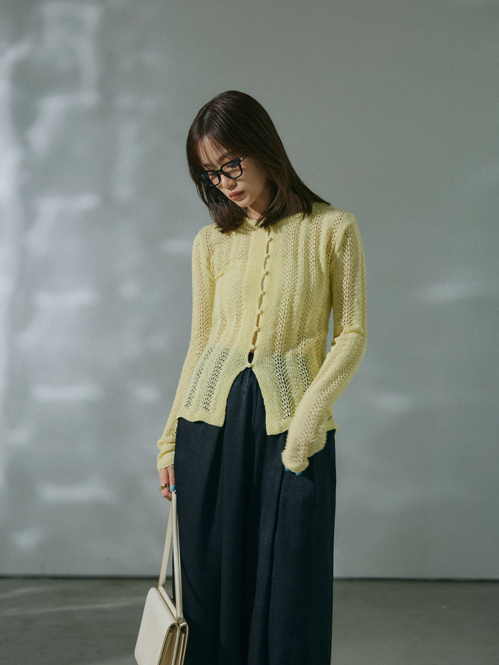 【Allure】[SET]透かし編みニットカーディガントップス+ワッシャーサテンタックジョガーパンツ(2set)