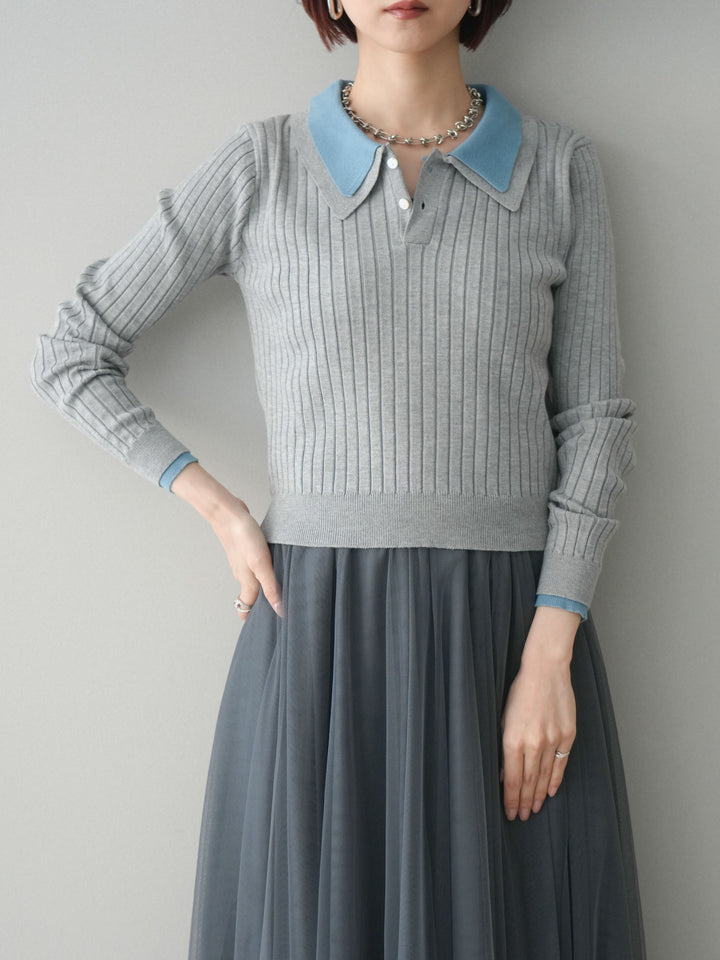 [SET]ダブル襟ポロリブニットトップス+チュールボリュームスカート(2set)