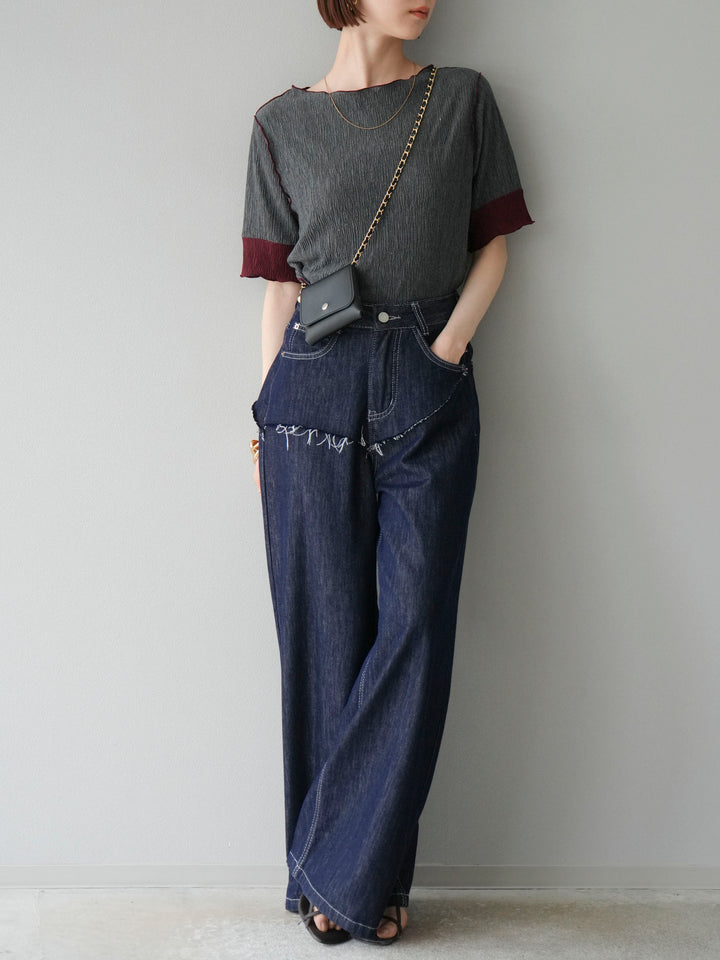 [SET] 百褶同色船領套頭衫 + 臀部設計牛仔褲（2 件組）