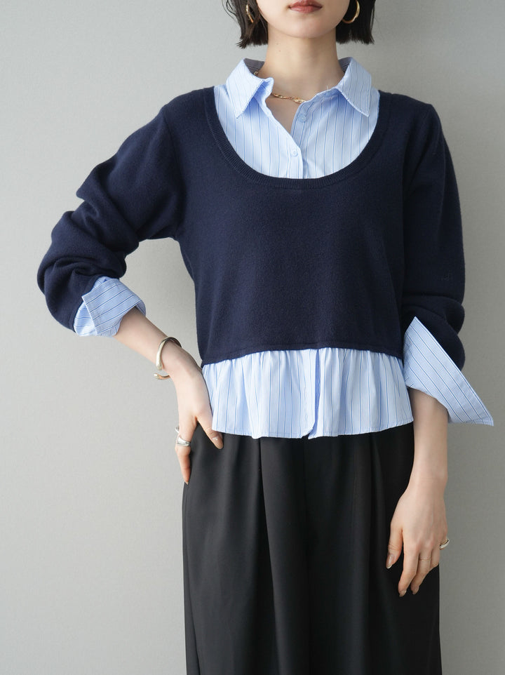 [SET]ストライプシャツUネックドッキングニットプルオーバー+選べるアクセセット(2set)