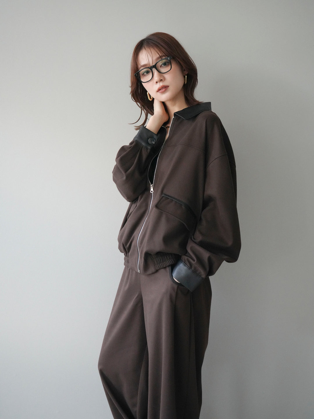 [予約]レザー襟配色パイピングブルゾン/brown