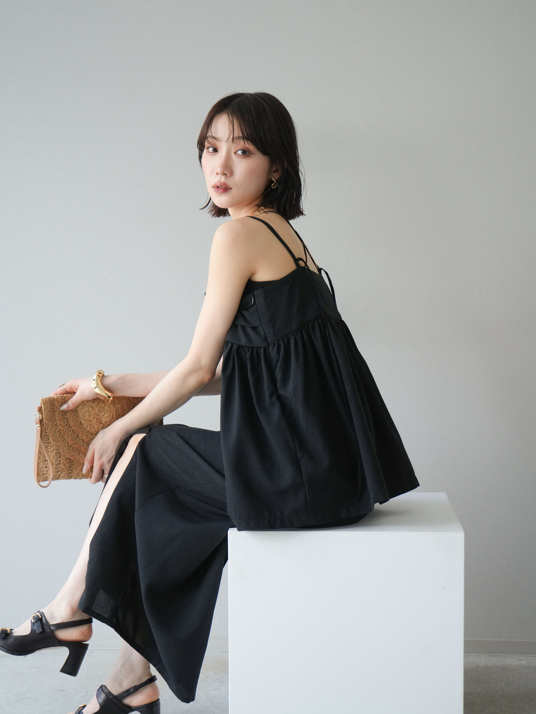 [予約]リネンライクビスチェデザインキャミソール/ブラック