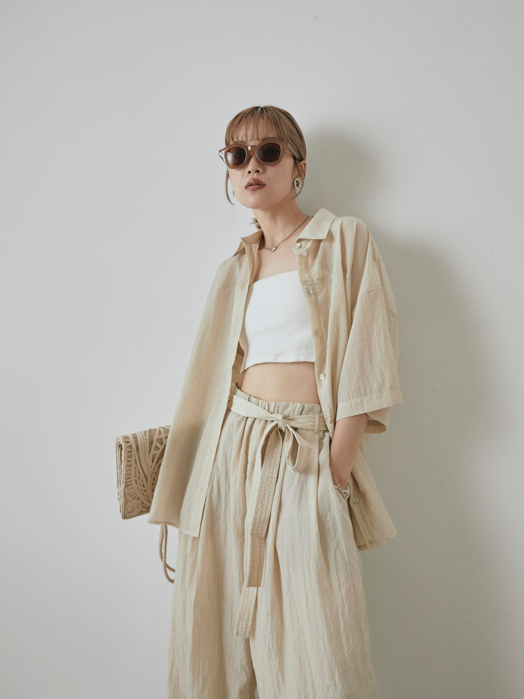 【預購】2WAY尼龍墊圈半身襯衫/奶油色