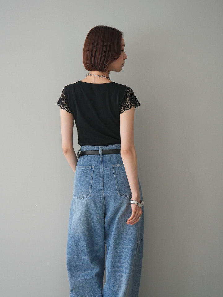 [SET]パールボタンレース切替ニットトップス+ハイウエストベルトループデザインデニムパンツ(2set)