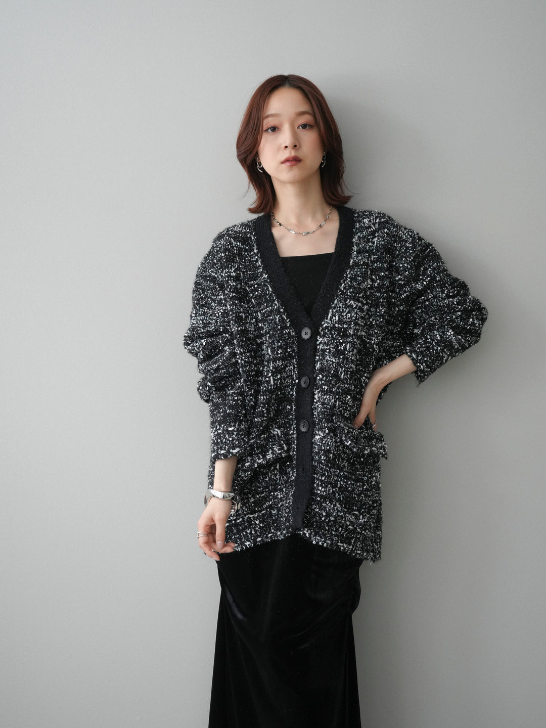 [SET]モールネップニットカーディガン+ギャザーベロアスカート(2set)