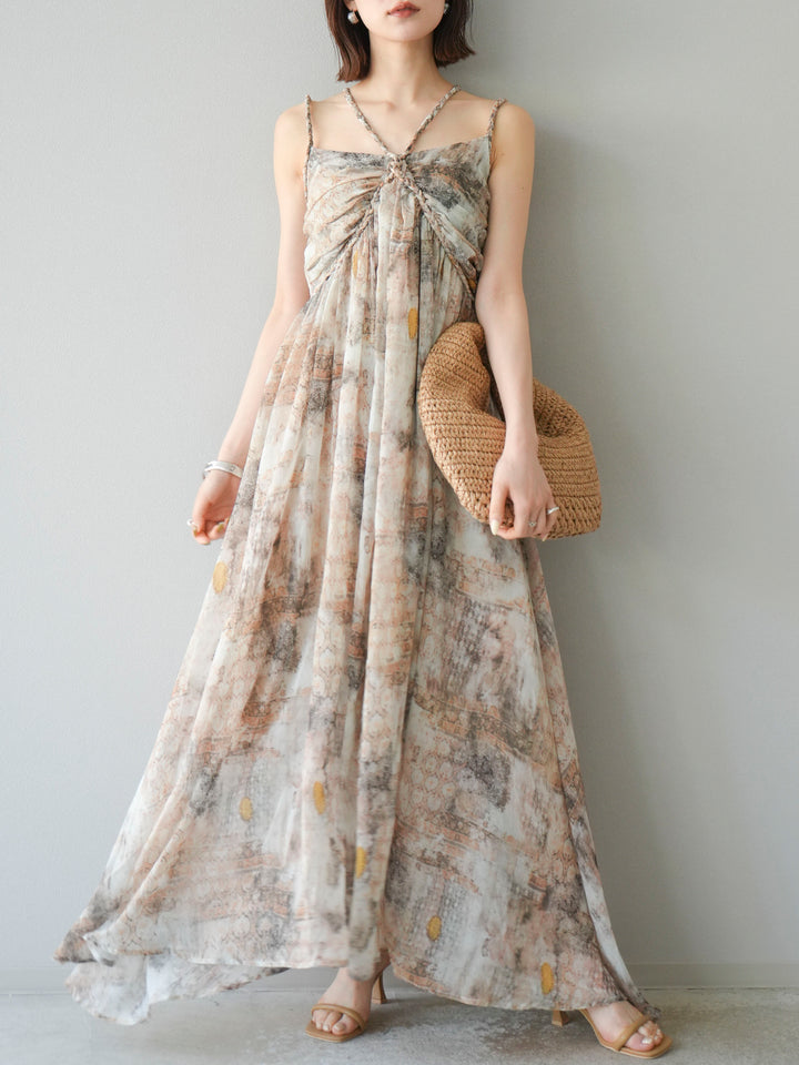 [予約]編み込みショルダーニュアンス柄シフォンワンピース/ベージュ