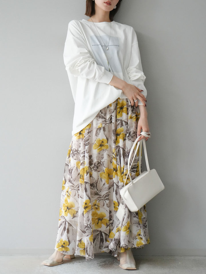 [予約]フラワープリントボリュームフレアスカート/イエロー