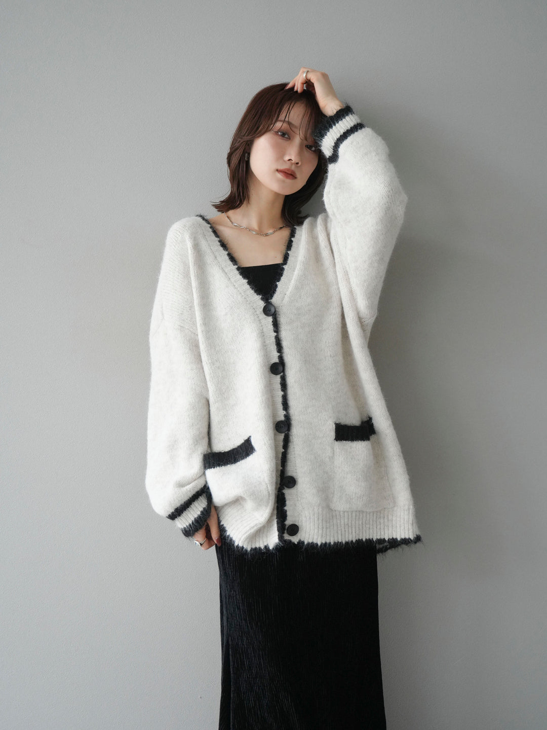 [予約]バイカラーラメニットカーディガン/ivory