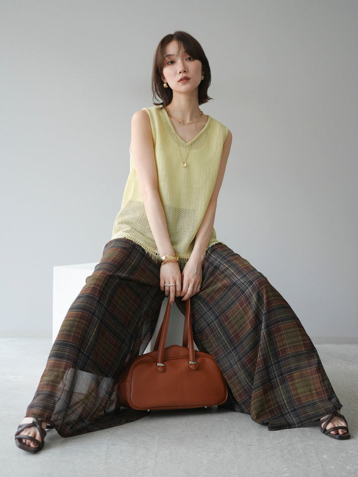[予約]裾フリンジVネックニットタンクトップアンサンブル/イエロー
