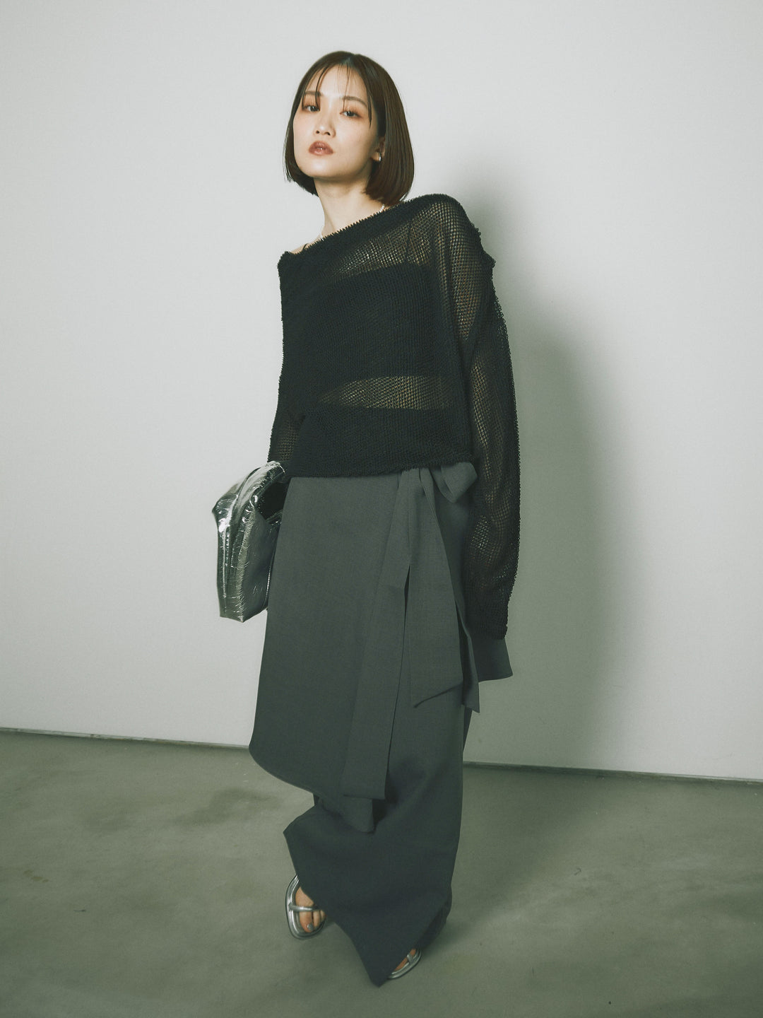 [SET] 後背垂墜網眼套頭衫+亞麻觸感裹身寬褲（2件套）