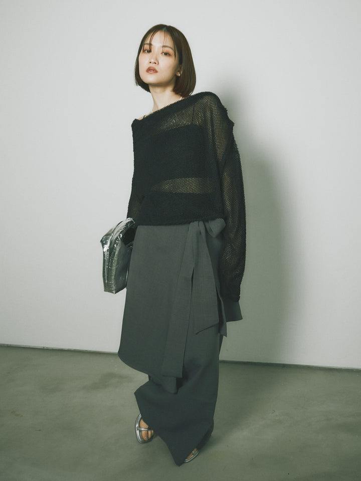 [SET] 後背垂墜網眼套頭衫+亞麻觸感裹身寬褲（2件套）