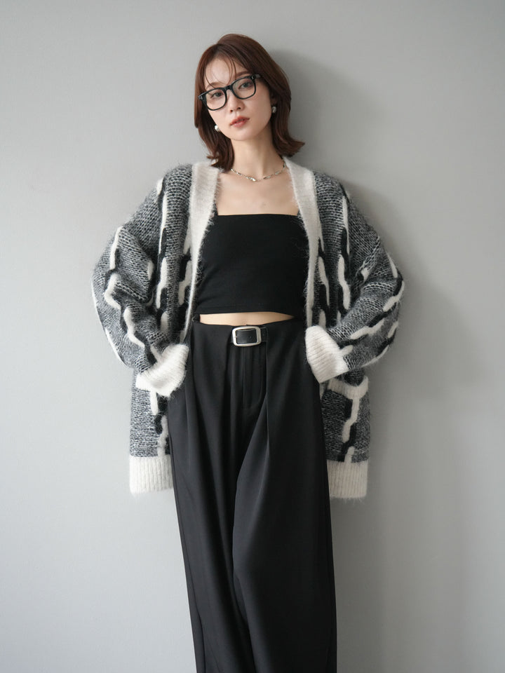 [SET]バイカラー編み込みデザインニットカーディガン+ベルトループデザインワイドパンツ(2set)