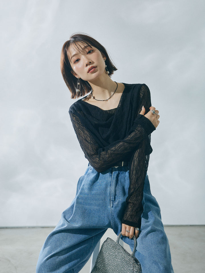 【Allure】[SET]ストレッチレースドレープトップス+ハイウエストベルトループデザインデニムパンツ(2set)