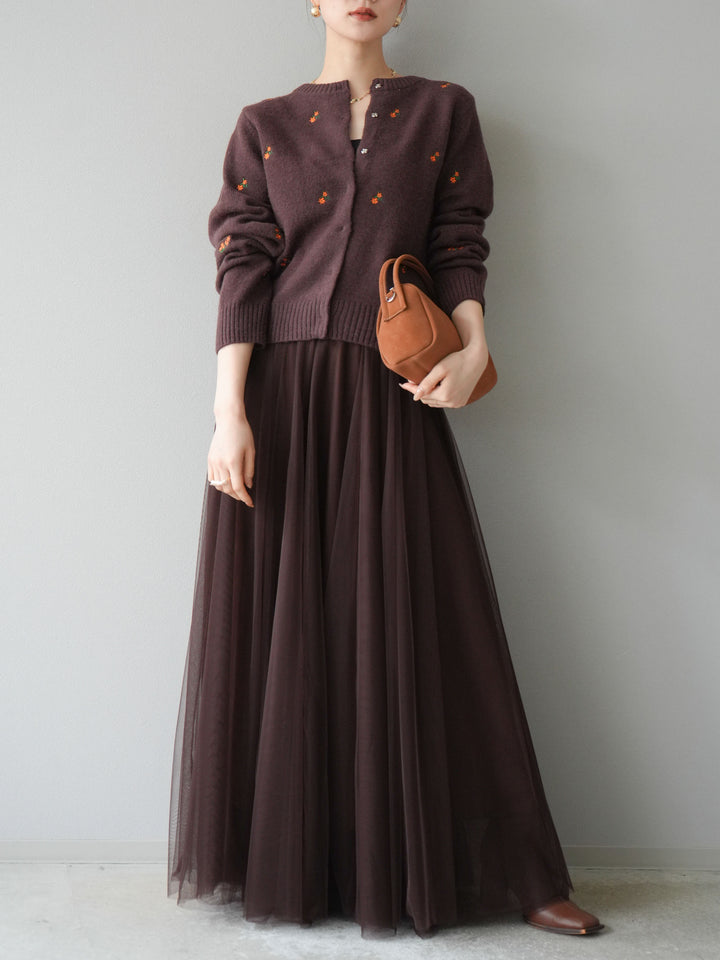 [SET]フラワー刺繍ニットカーディガン+チュールボリュームスカート(2set)