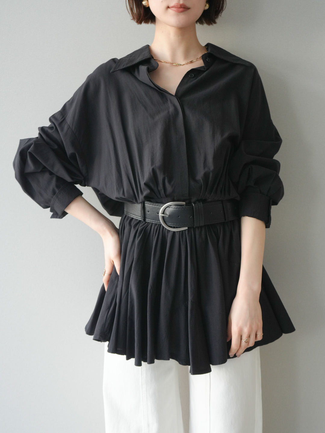 [予約]ベルト付フレアシャツミニワンピース/black