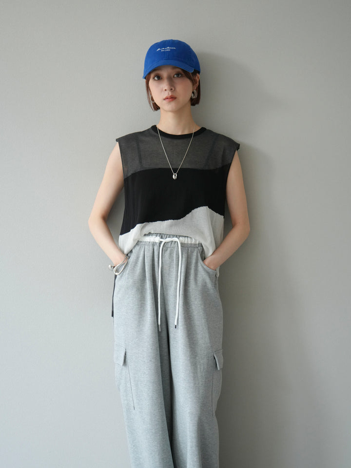 [SET]バイカラーシアーニットノースリーブ+ウエストラインサイドポケットスウェットパンツ(2set)